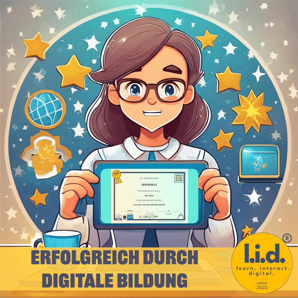 Illustration einer fröhlichen Lernenden, die ein Zertifikat in den Händen hält. Um sie herum sind Symbole für digitale Bildung wie Sterne, ein Globus und ein Computerbildschirm zu sehen. Der Text "Erfolgreich durch digitale Bildung" ist prominent platziert, und das l.i.d.-Logo ist gut sichtbar. Bildungsblog