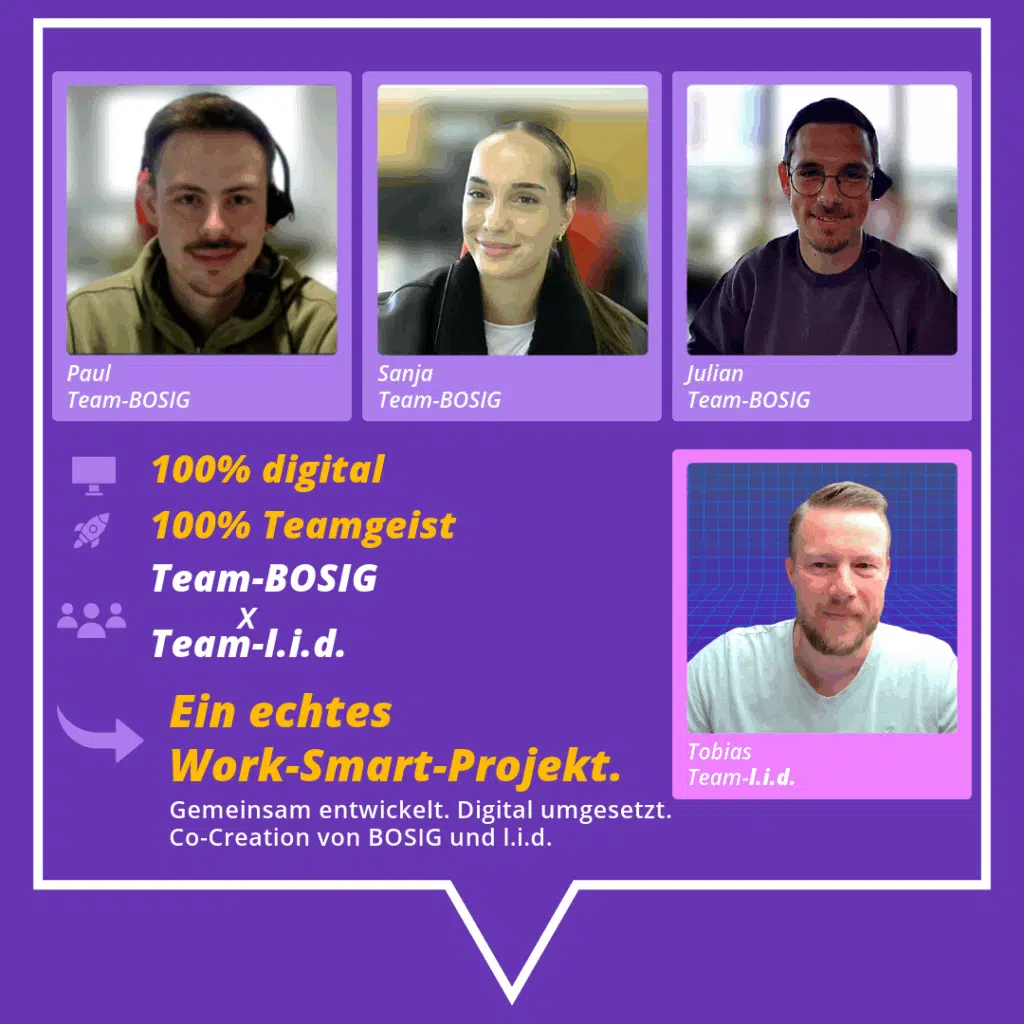 Vier Portraits von Projektbeteiligten: Paul, Sanja, Julian (Team BOSIG) und Tobias (Team l.i.d.). Daneben Text: „100 % digital. 100 % Teamgeist. Ein echtes Work-Smart-Projekt.“ Mit Symbolen und abschließendem Co-Creation-Vermerk.
