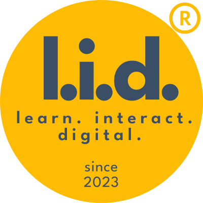 ogo von l.i.d. auf runder Fläche; l.i.d. steht für learn. interact. digital und wurde 2023 gegründet.